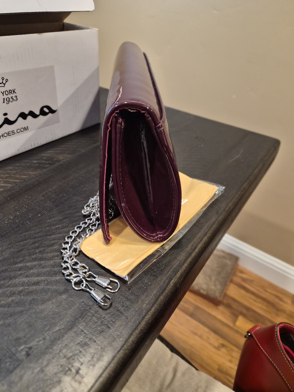 Nina Plum Patent Leather Clutch with Silver Chain - Picture 3 of 5